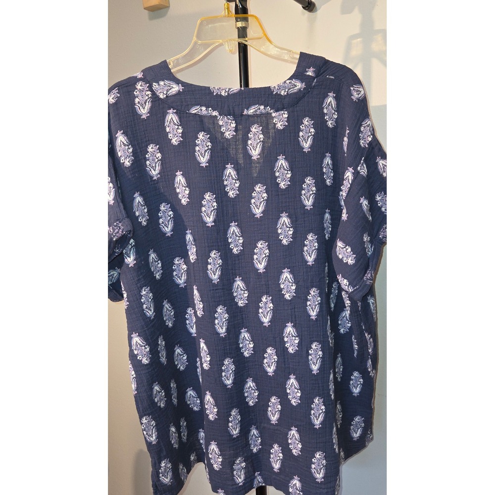 Wonderly Navy Blue Floral Gauze V-Neck Blouse Top Plus Size 1X Boho Short Sleeve - Picture 2 of 4